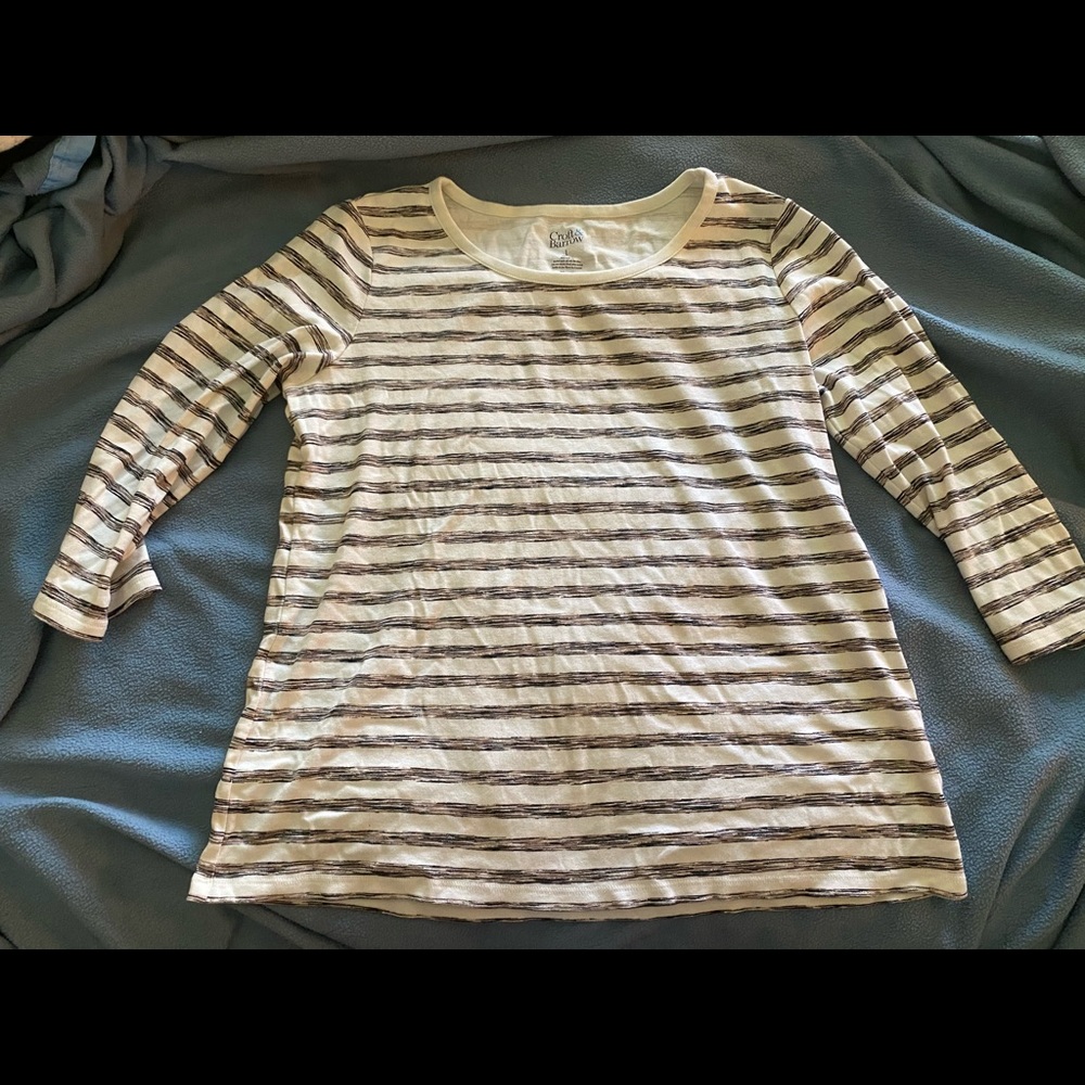3/4 sleeve white shirt with pink/black stripes